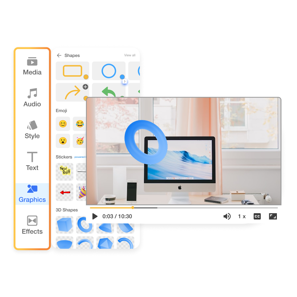 Accessing the graphics panel in Visla to add shapes, stickers, emojis, and 3D graphics to a video scene